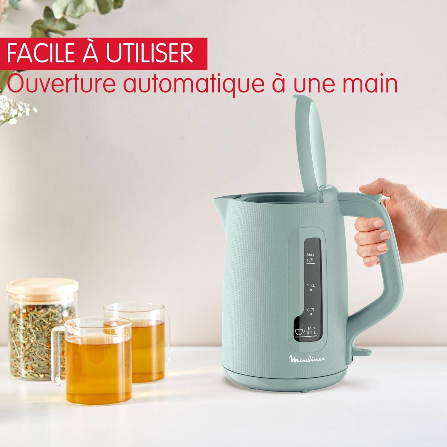 Moulinex Morning, Electric Kettle, 1.7 L, 1 Cup Indicator, Anti-Limescale Filter, Tea Infuser Included, Easy Filling and Cleaning, Auto Stop, Elegant Design, Eucalyptus, BY2M1310