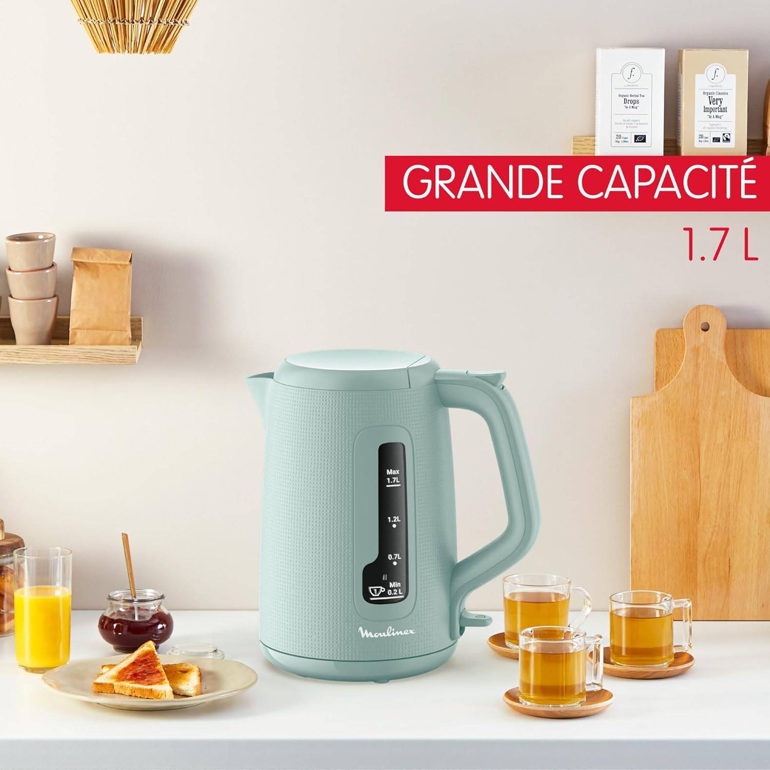Moulinex Morning, Electric Kettle, 1.7 L, 1 Cup Indicator, Anti-Limescale Filter, Tea Infuser Included, Easy Filling and Cleaning, Auto Stop, Elegant Design, Eucalyptus, BY2M1310
