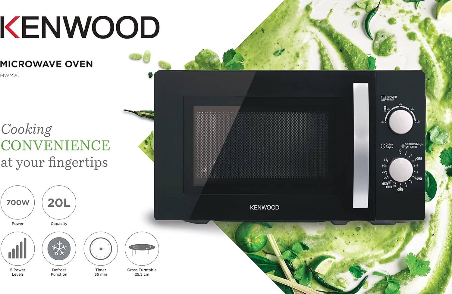 Kenwood MWM20.000BK Microwave Oven – 20L – 5 Power Levels – Blac